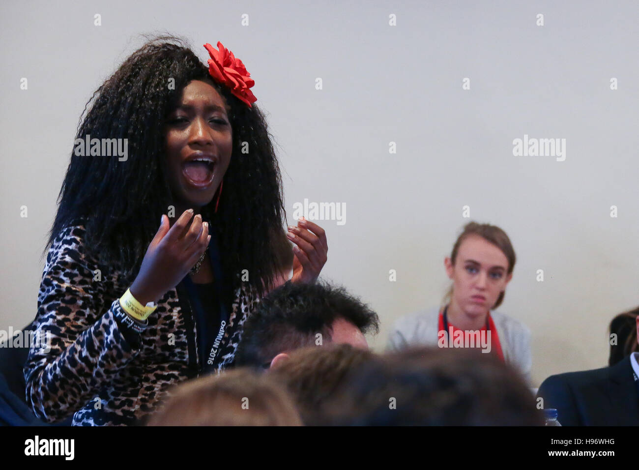 A student taking part in a debate at OxIMUN 2016. From a series of photos taken at the Oxford International Model United Nations conference (OxIMUN 20 Stock Photo