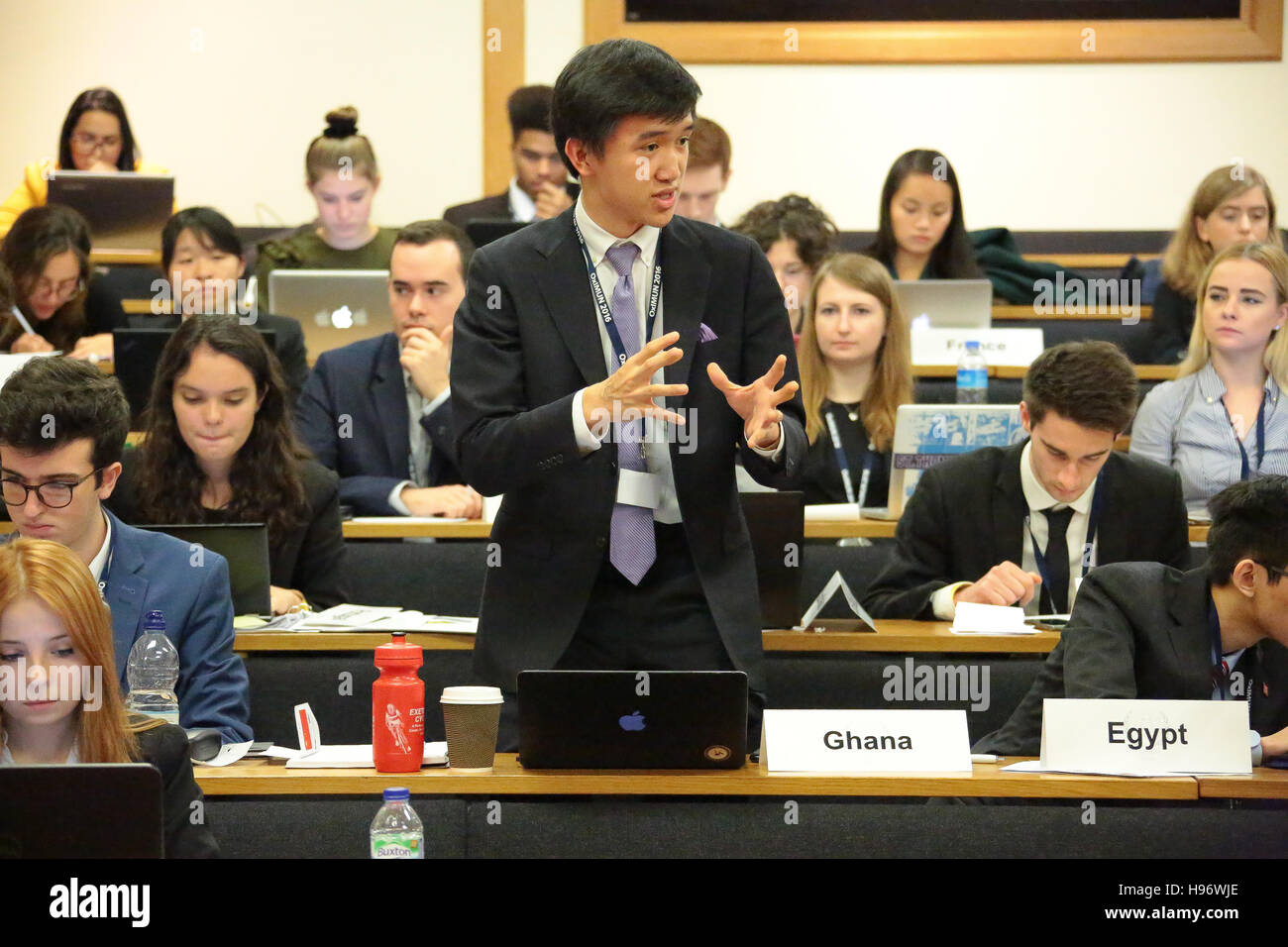 A student taking part in a debate at OxIMUN 2016. From a series of photos taken at the Oxford International Model United Nations conference (OxIMUN 20 Stock Photo