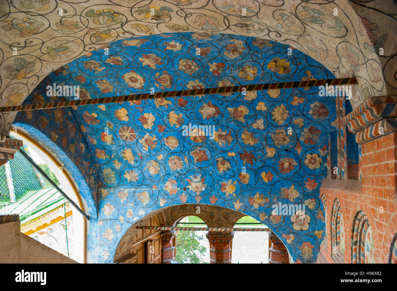 The galleries of St. Basil's Cathedral decorated with murals in old slavic style. Stock Photo