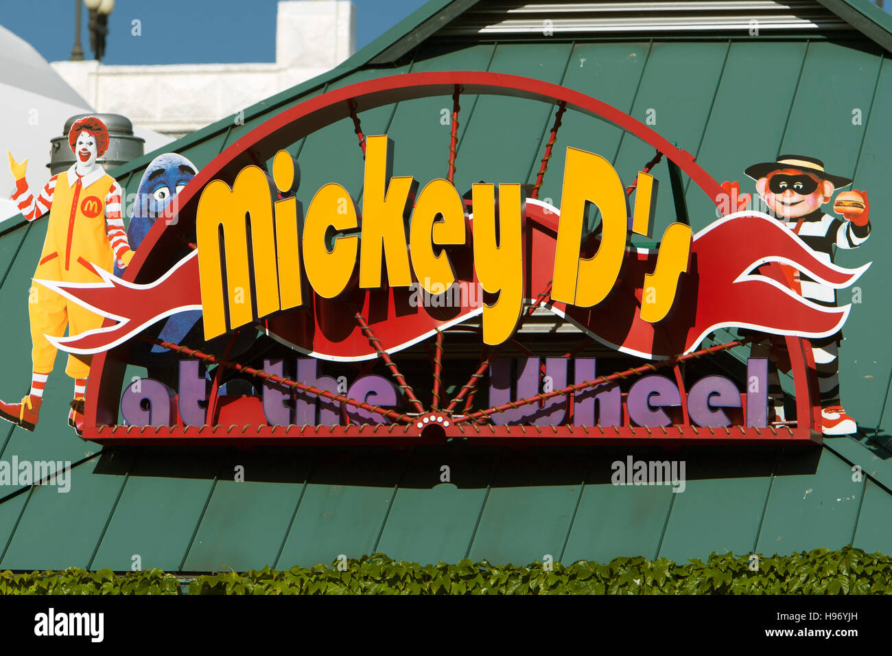 Sign Mickey D's At The Wheel McDonalds hamburger restaurant Chicago Illinois USA Stock Photo