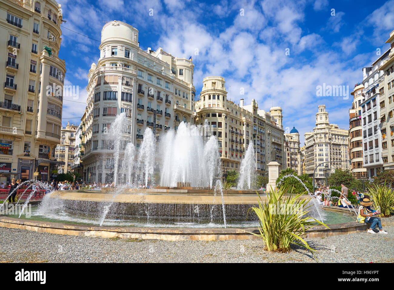 Spain - Fountain at Plaza del Ayuntamiento, Valencia Stock Photo