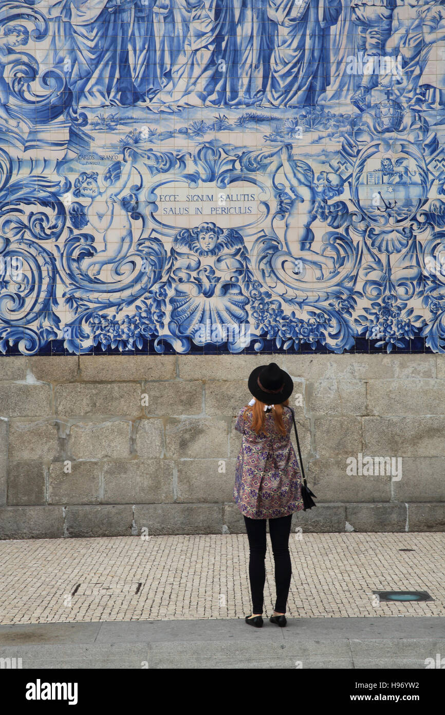 Typical blue and white azulejo tiles on the side of the 18th century Carmo church, in Porto, Portugal, southern Europe Stock Photo