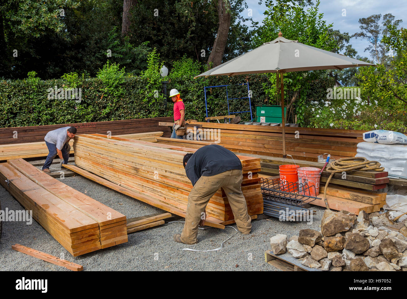 Construction workers, stacking lumber, Rutherford, Napa Valley, Napa County, California Stock Photo