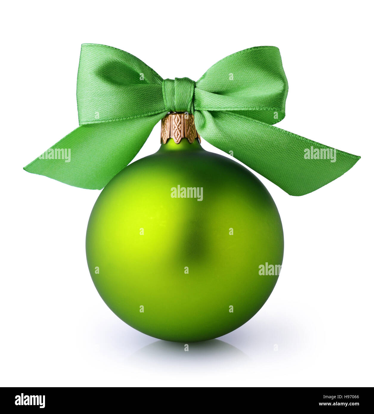 Green Christmas ball with silk ribbon bow isolated on white background ...