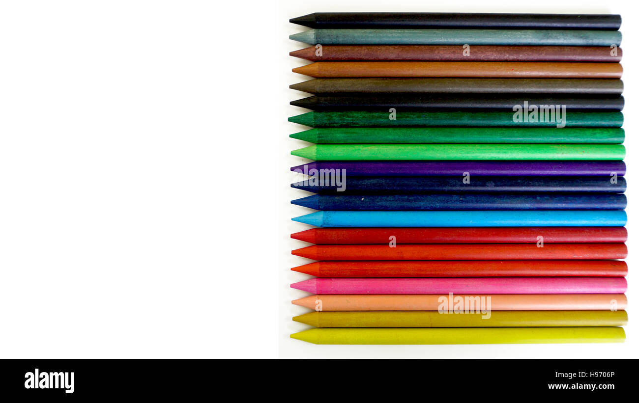 Full set Color pencils layout right hand side long horizontal isolated Stock Photo