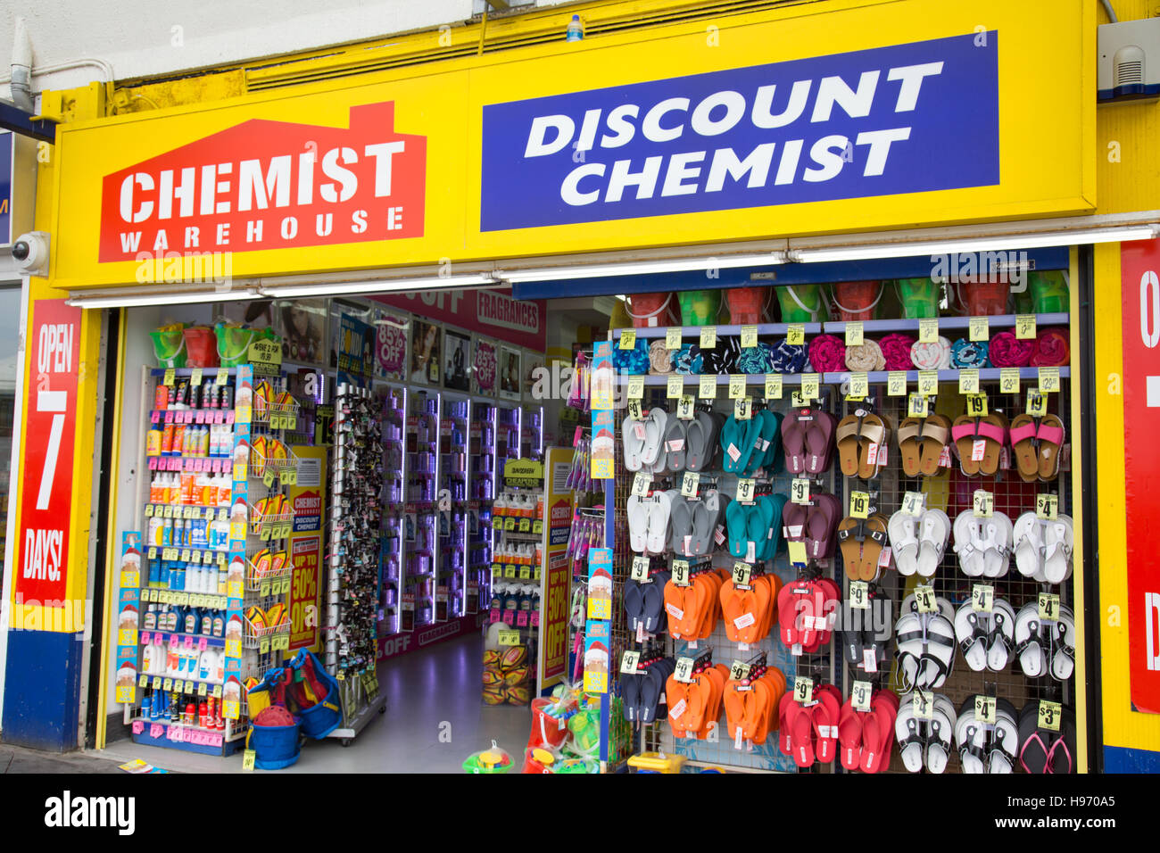 Chemist warehouse drugstore in Sydney selling beach wear flip flops and thongs, Sydney,Australia Stock Photo