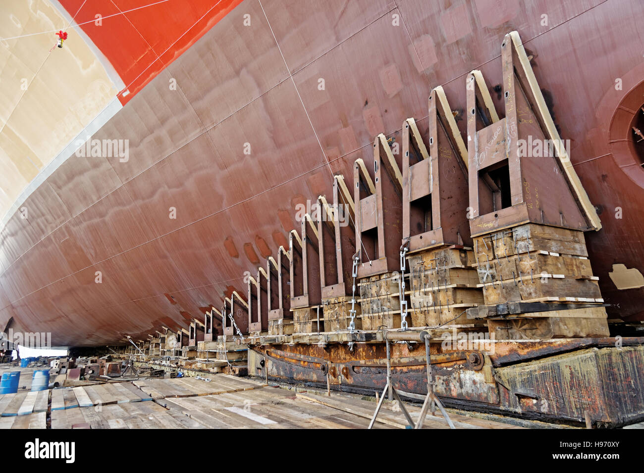 new ship is ready for launching in shipyard Stock Photo