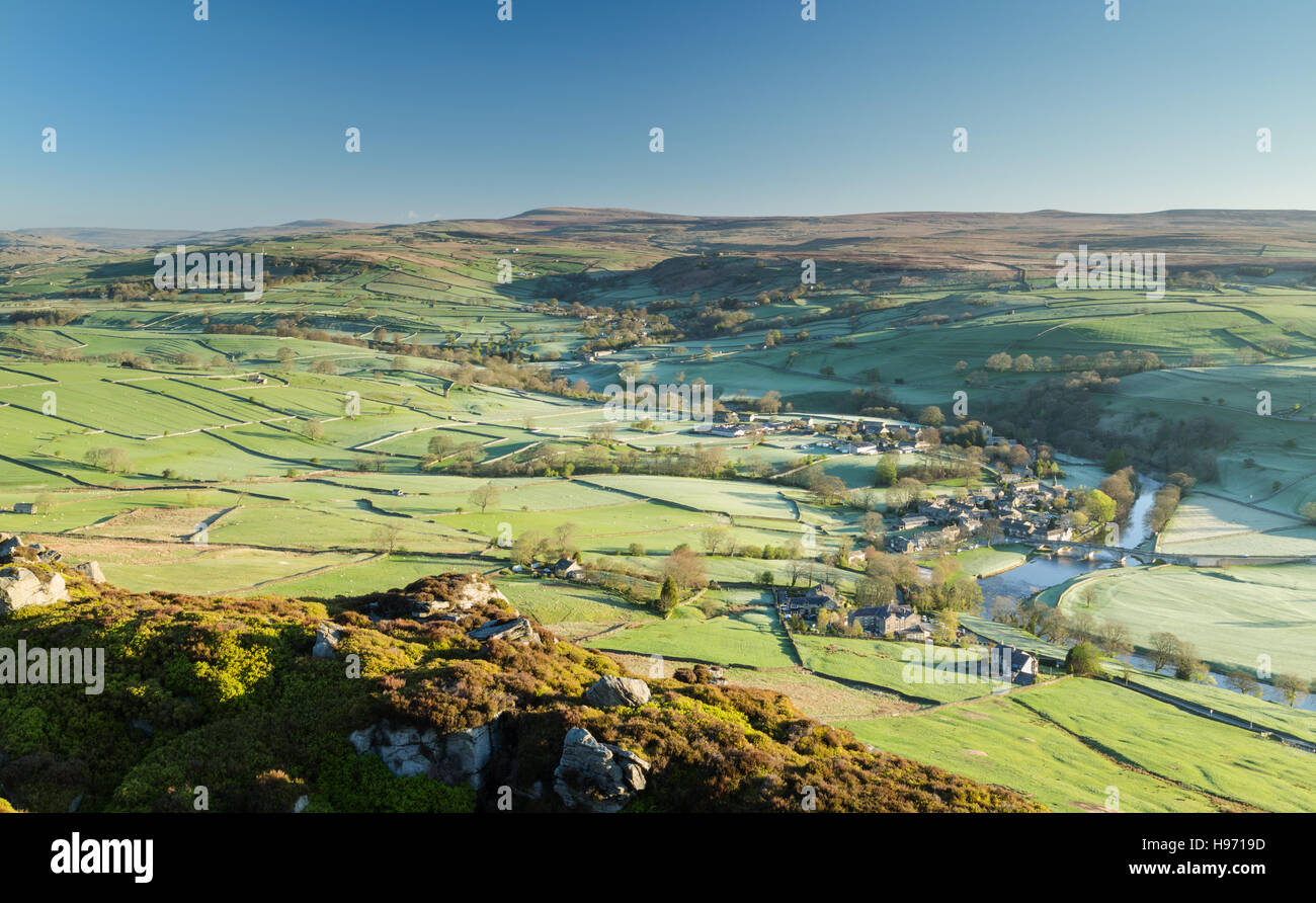 View across Wharfedale with the village of Burnsall in the Yorkshire Dales, UK Stock Photo