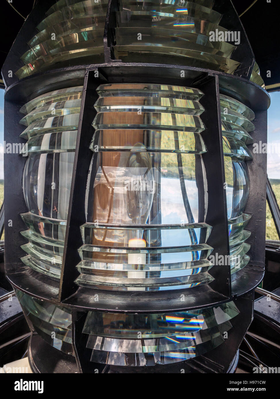 Closeup of lighthouse light fixture Stock Photo