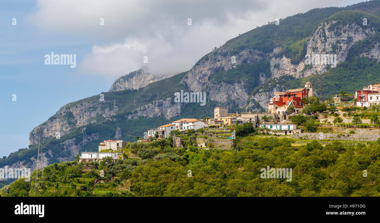 The hillsides and mountains of the Amalfi coast, viewed from Ravello, Italy. Stock Photo