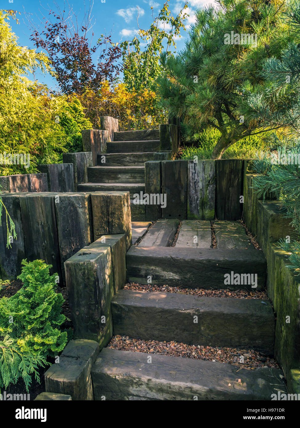 Old wooden stairs in beautiful garden Stock Photo