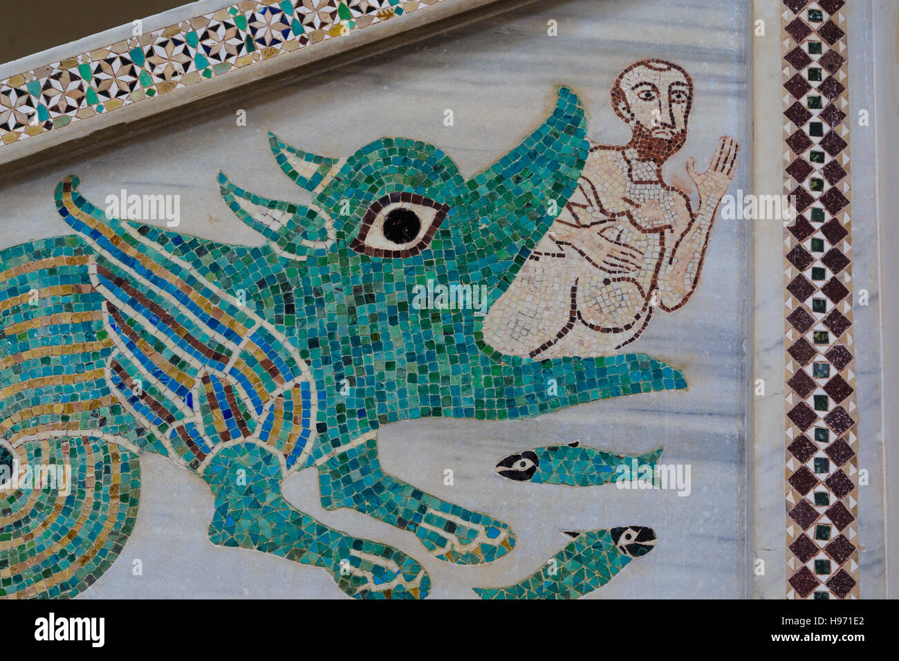 The Ambo of the Epistles with it's mosaics of Jonah and the Whale built by Bishop Costantino Rogadeo, Ravello, Italy. Stock Photo