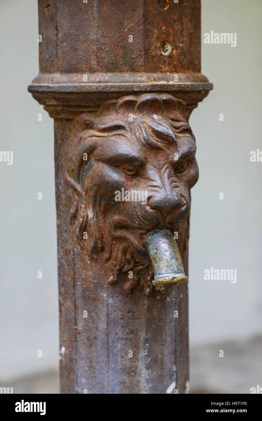 Lions-head water fountain outlet in the grounds of the Villa Rufolo, Ravello, Italy. Stock Photo