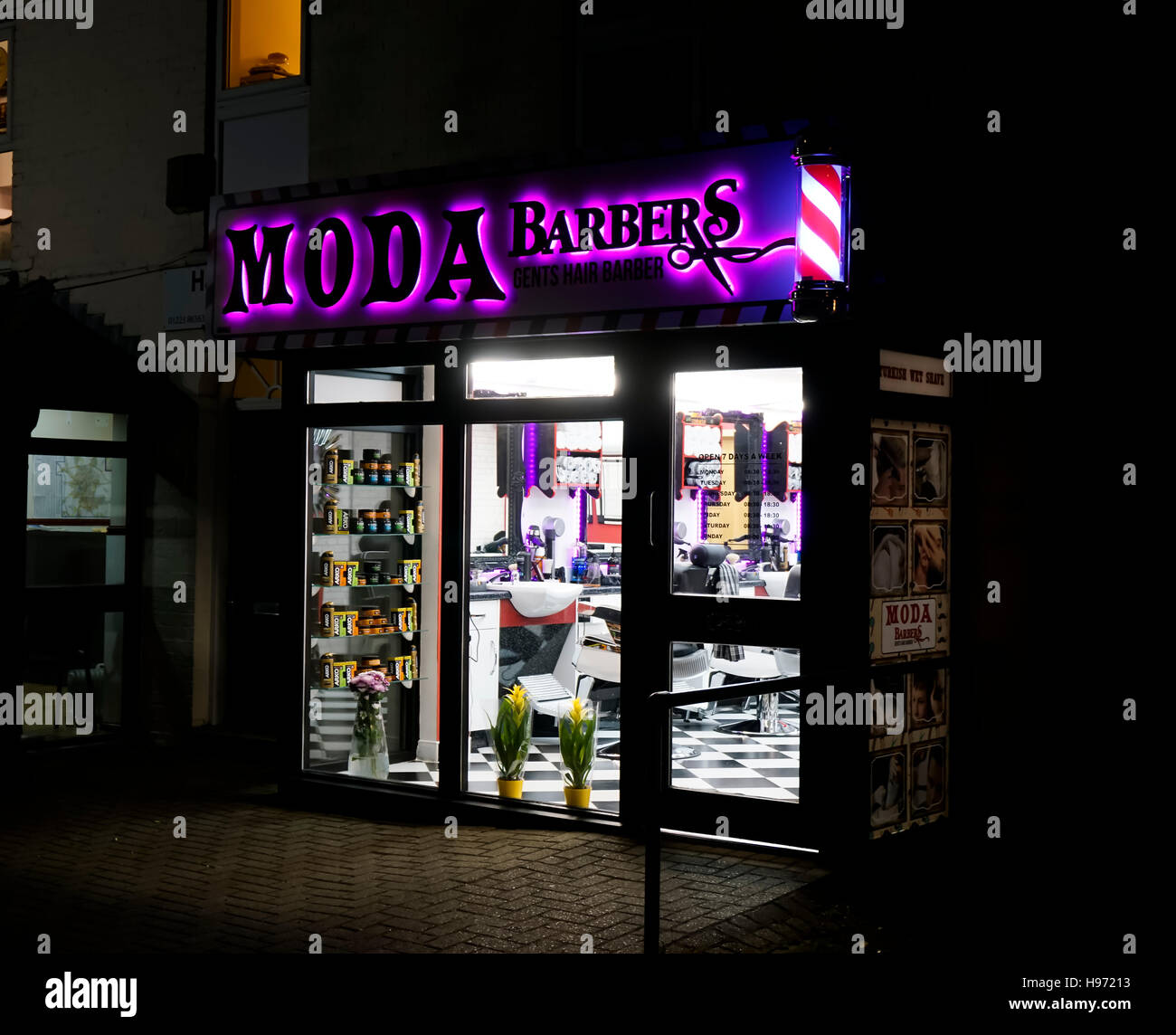 Moda barbers new hair salon at night in Milton Cambridge Cambridgeshire