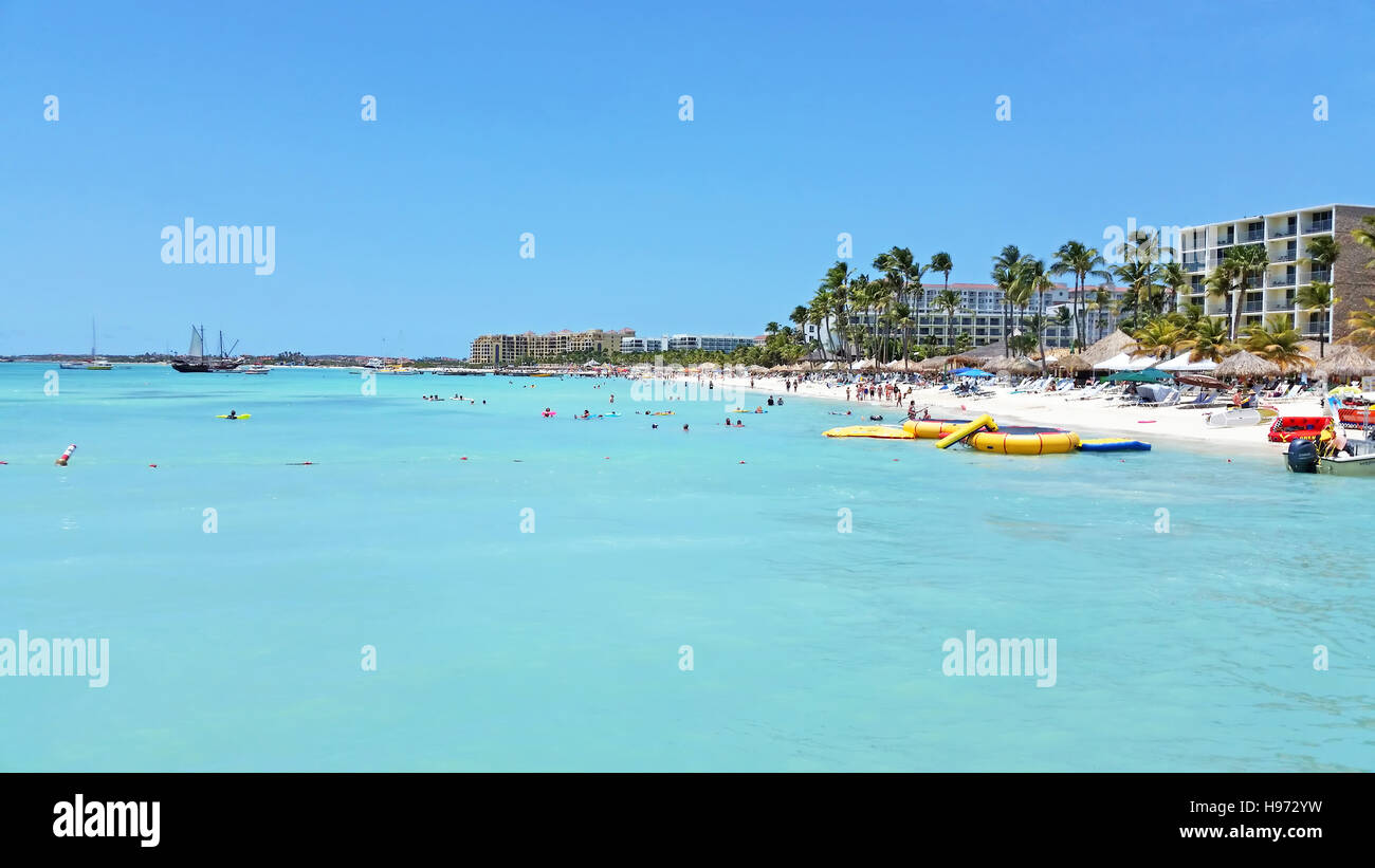 Palm beach on Aruba island in the Caribbean Sea Stock Photo