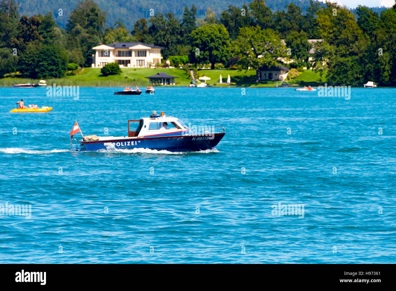 Klagenfurt, Austria - August 14 2016: Police boat patrolling the waters of lake Worthersee in Carinthia, Austria Stock Photo