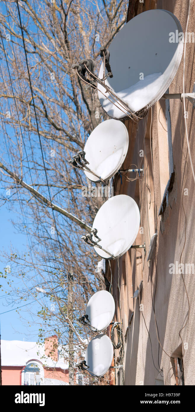 satellite dishes on building. A close up Stock Photo Alamy