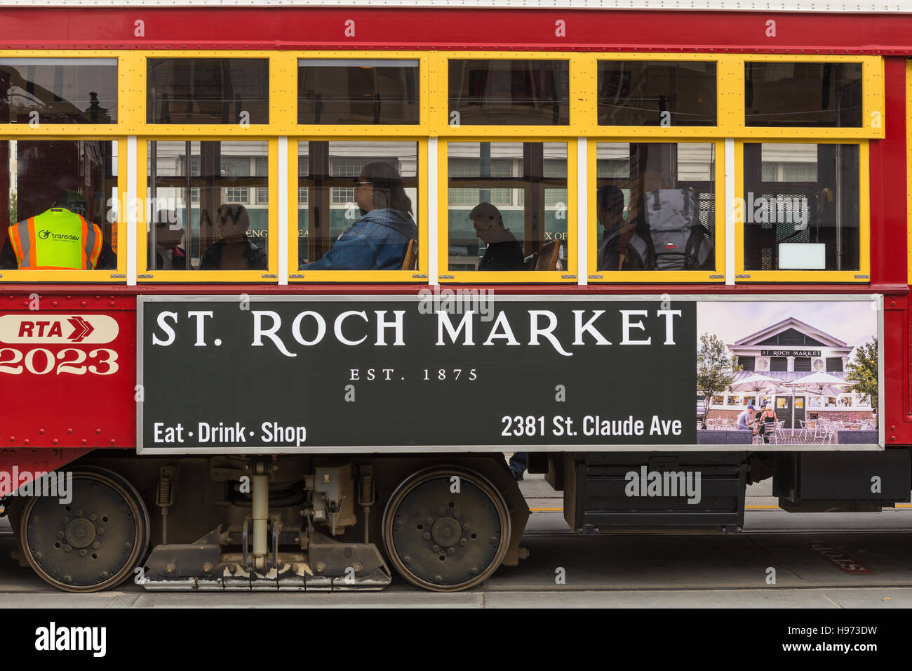 Passengers wait aboard an RTA streetcar on Canal Street in New Orleans, Louisiana. Stock Photo
