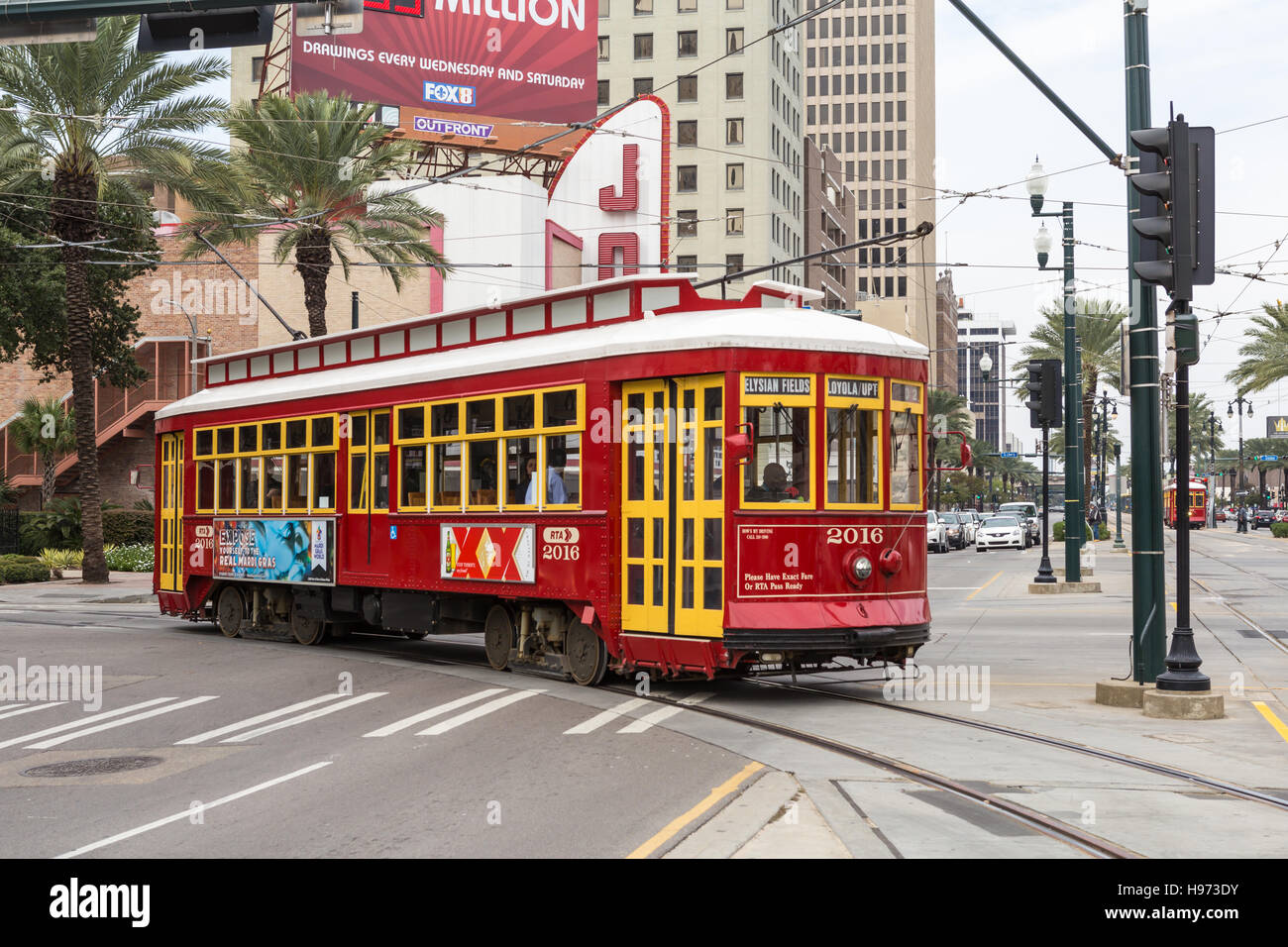 An RTA Loyola - UPT Line streetcar turns onto Canal Street in New Orleans, Louisiana. Stock Photo