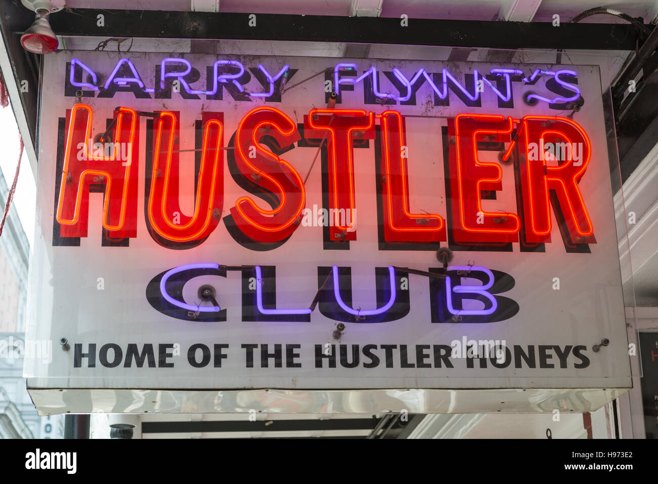 A neon sign outside Larry Flynt's Hustler Club on Bourbon Street in the French Quarter of New Orleans, Louisiana. Stock Photo