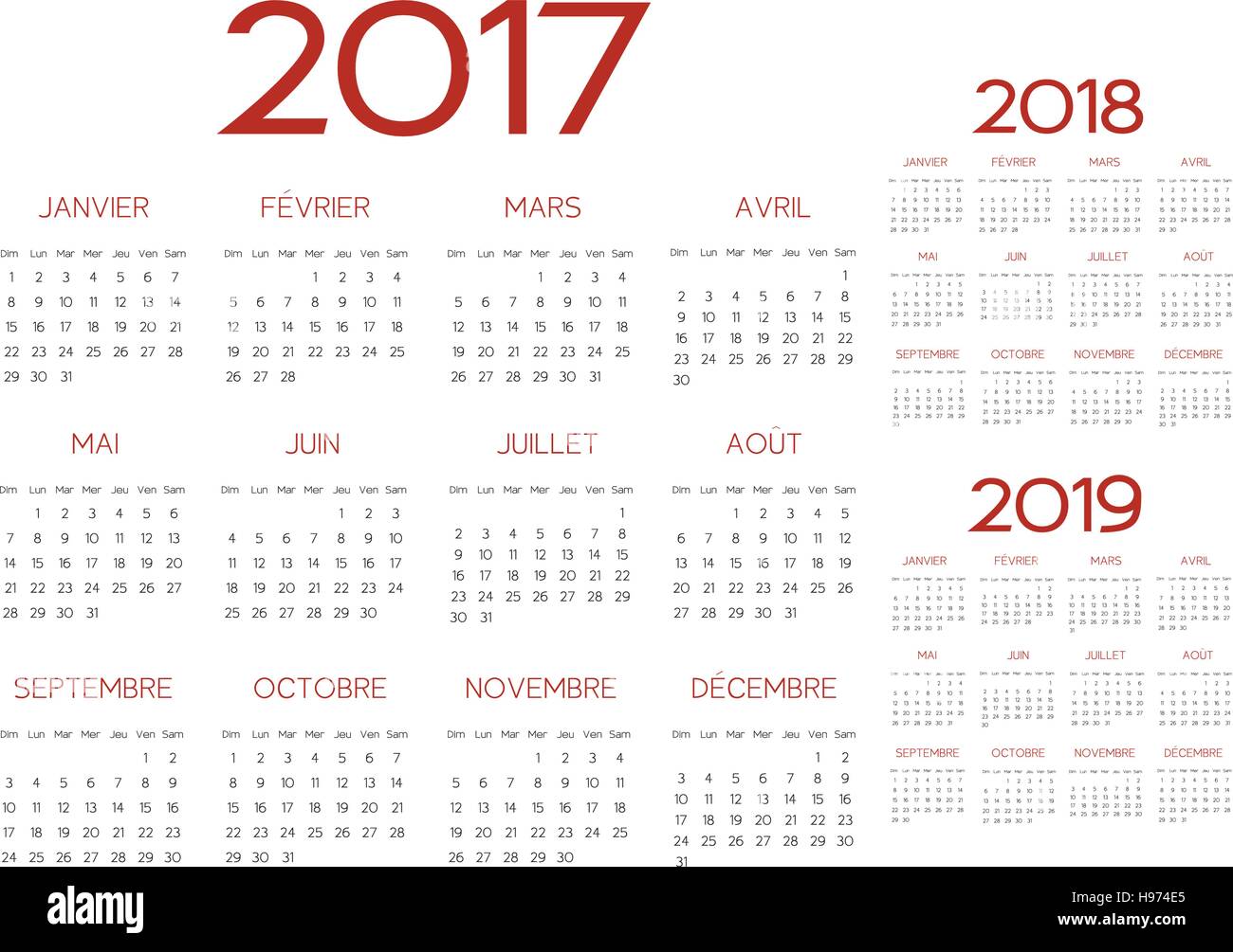 French 2017 year vector calendar calendrier francais Stock Vector