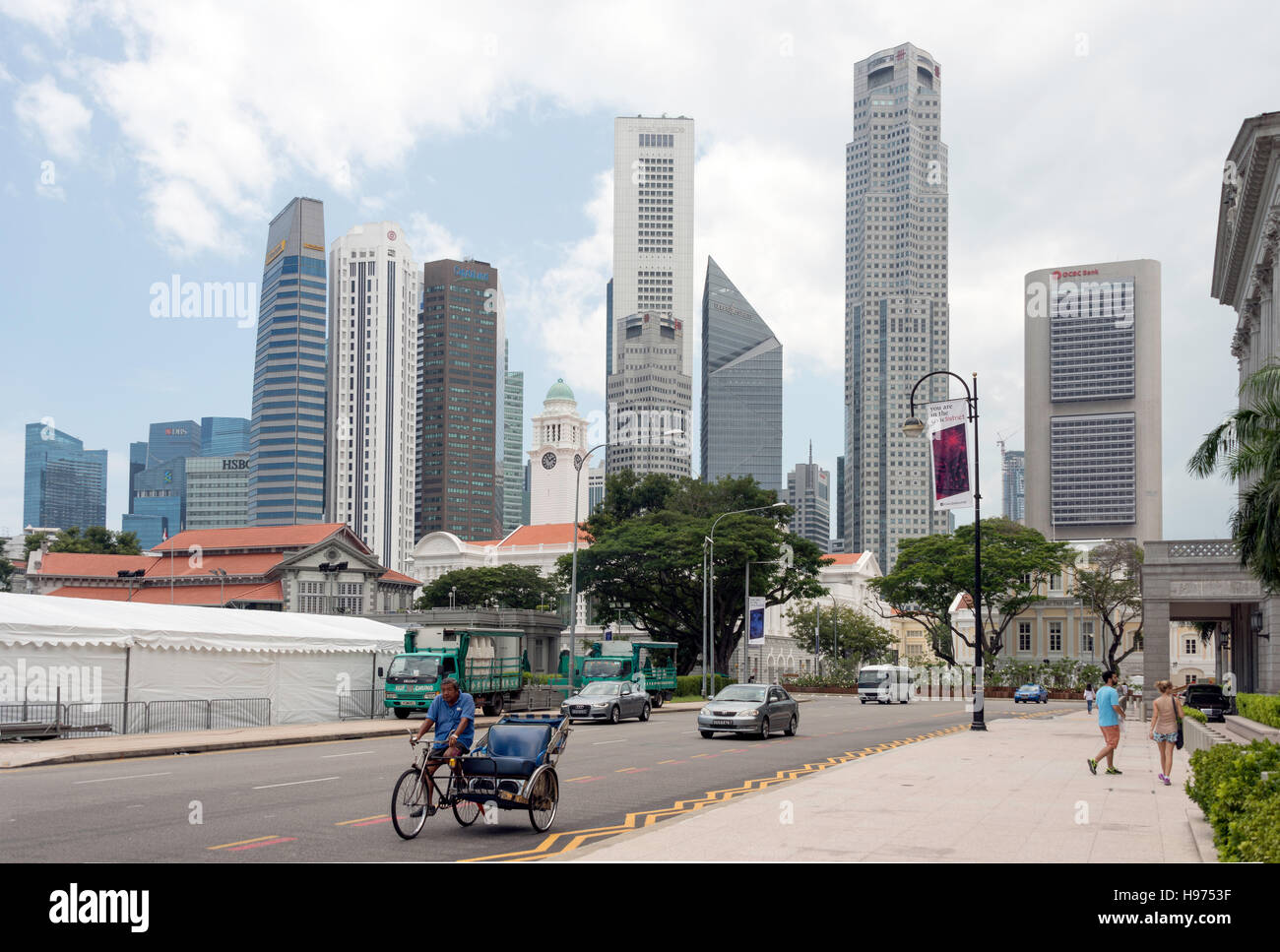 Skyscrapers in CBD from St. Andrew's Road, Padang, Singapore Island, Singapore Stock Photo
