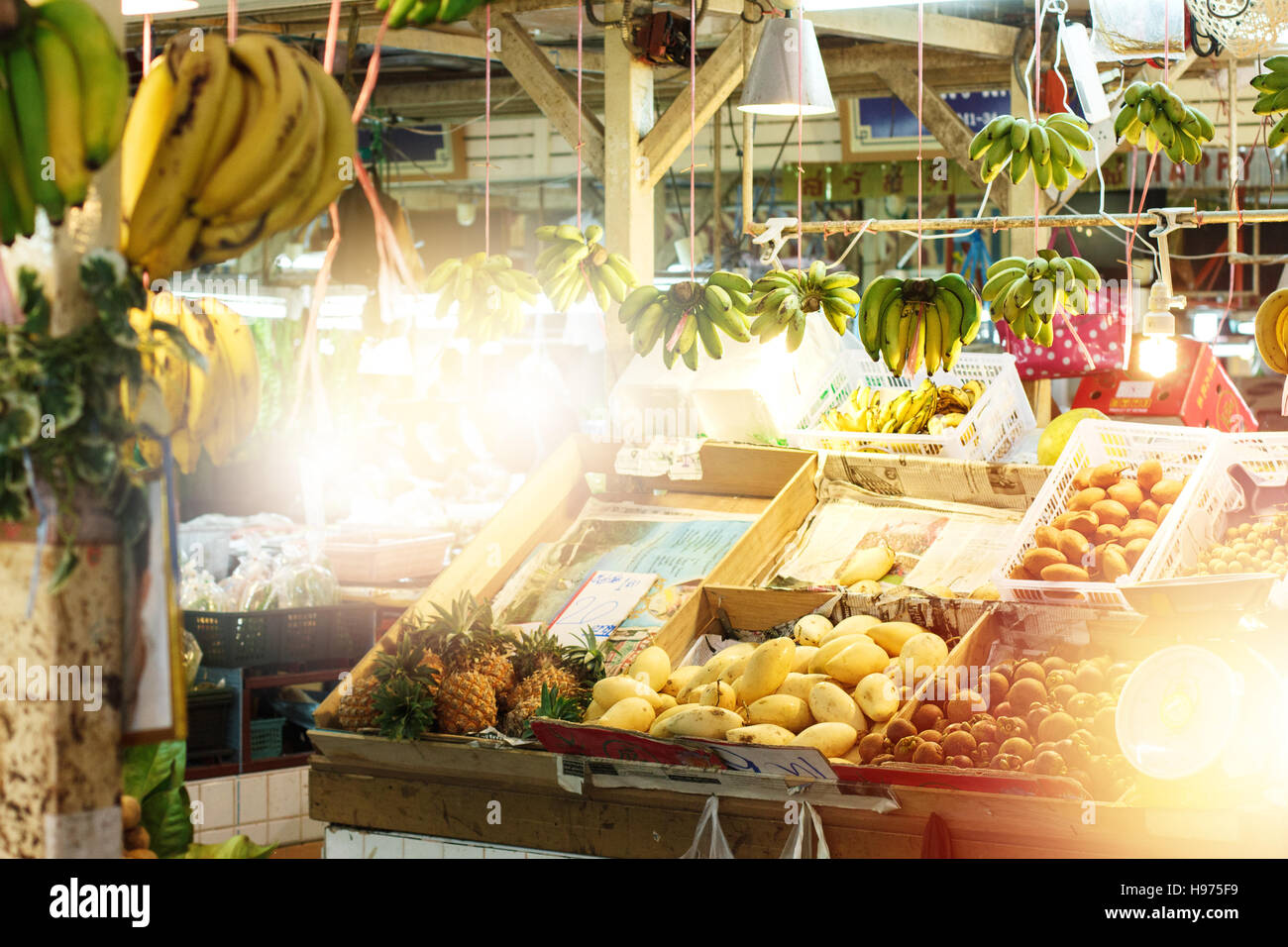 Thailand street fruit market with fresh bananas and other fruit Stock