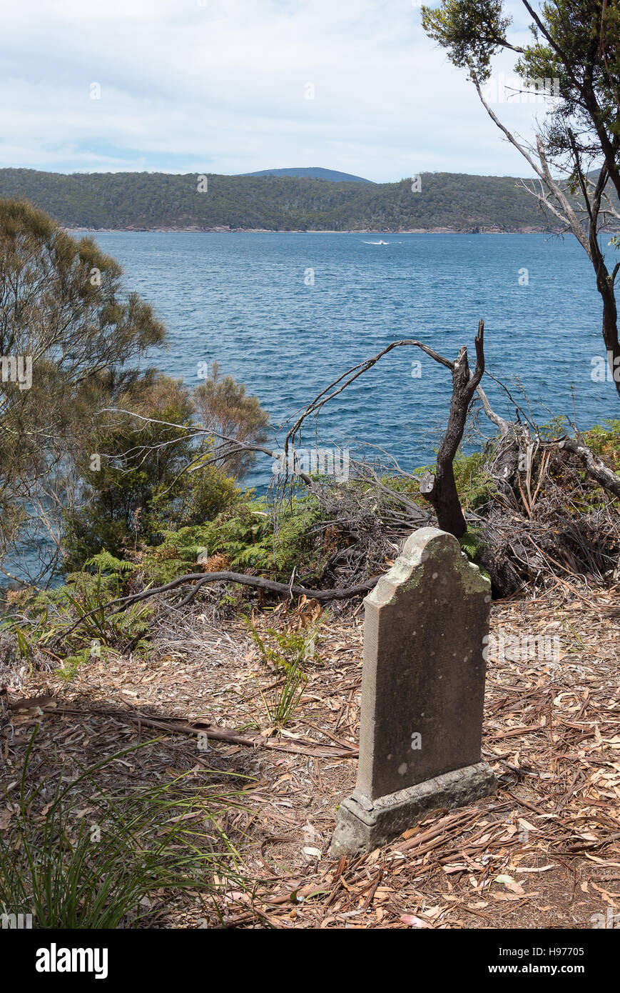 Old, abandoned gravestones on the Isle of the Dead, Port Arthur, Tasmania, containing convicts and staff from the penal colony. Stock Photo