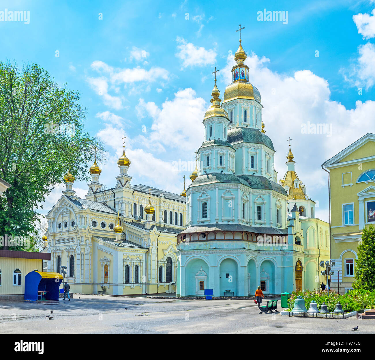 The Holy Shroud Cathedral and the Church of Holy Virgin Lady of Ozeriana in Holy Virgin Monastery, Kharkiv, Ukraine Stock Photo