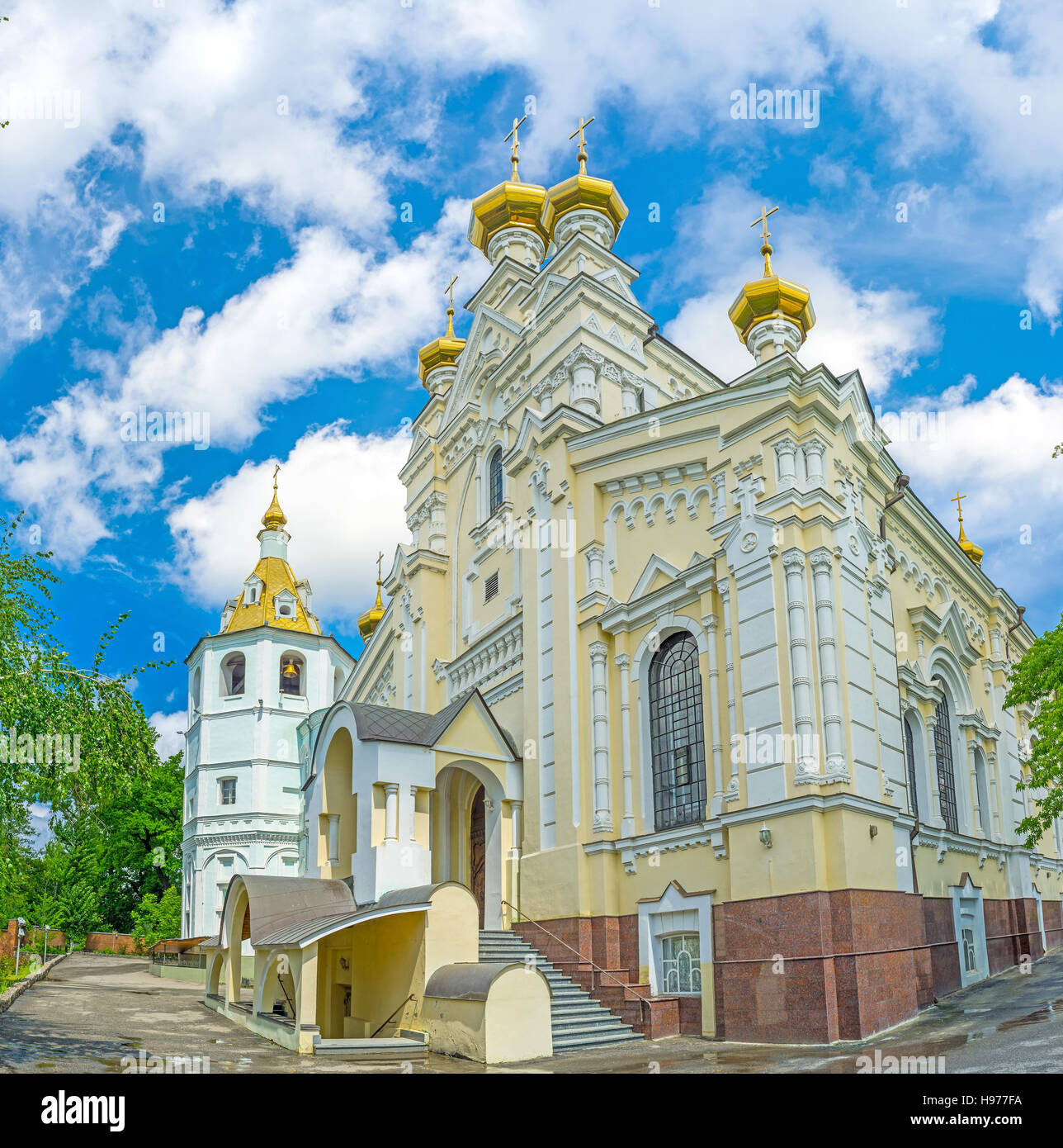The Church of Holy Virgin Lady of Ozeriana with the golden onion domes ...