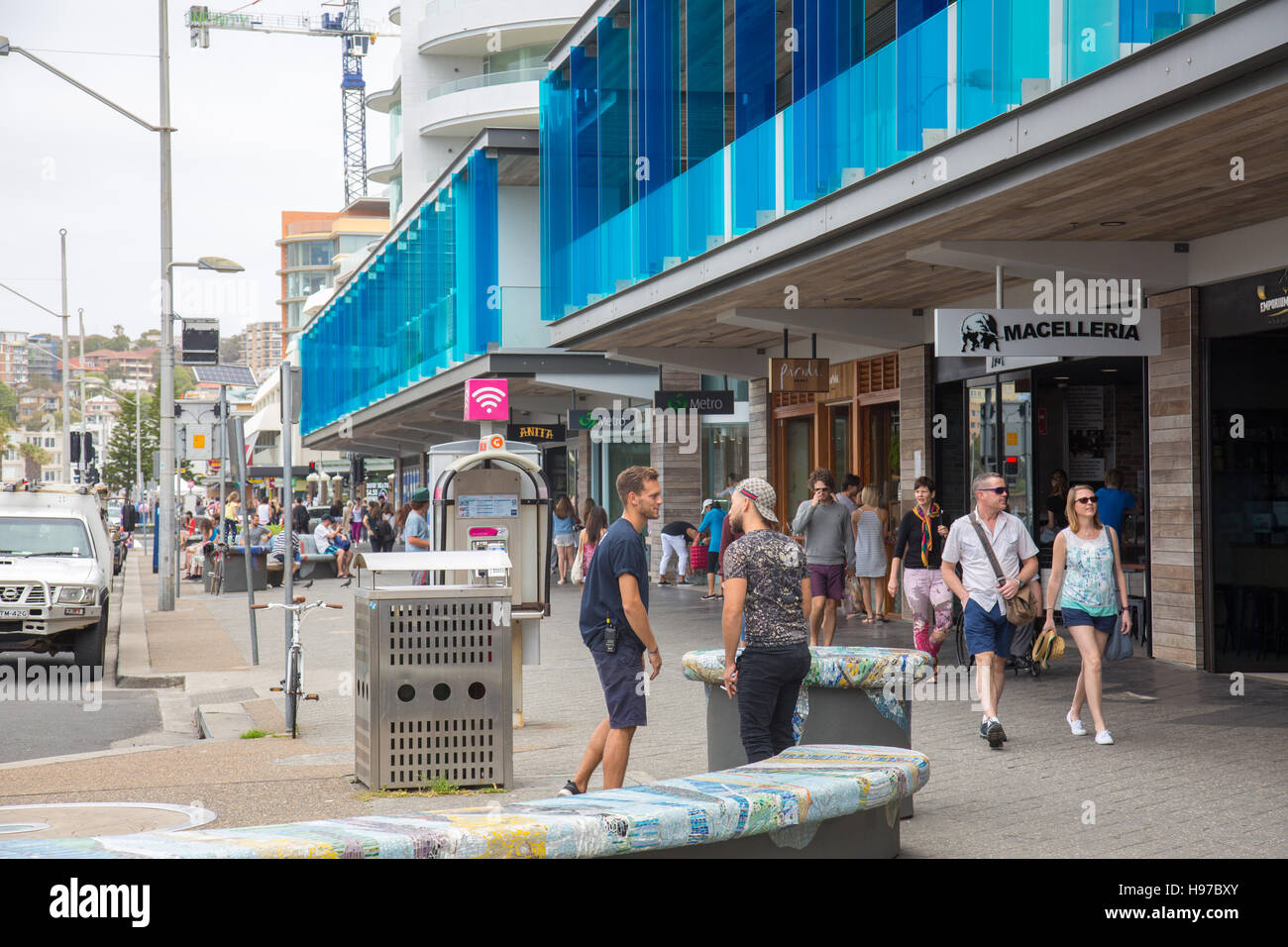 Bondi Beach Sydney retail outlets and shops on Campbell Parade, Bondi,NSW,Australia Stock Photo