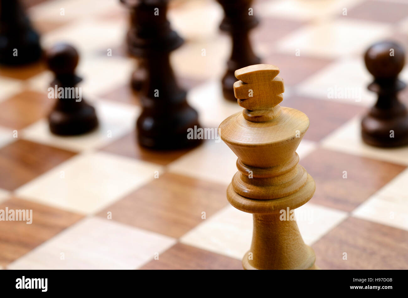 Chess pieces on chess board with king chekmate Stock Photo