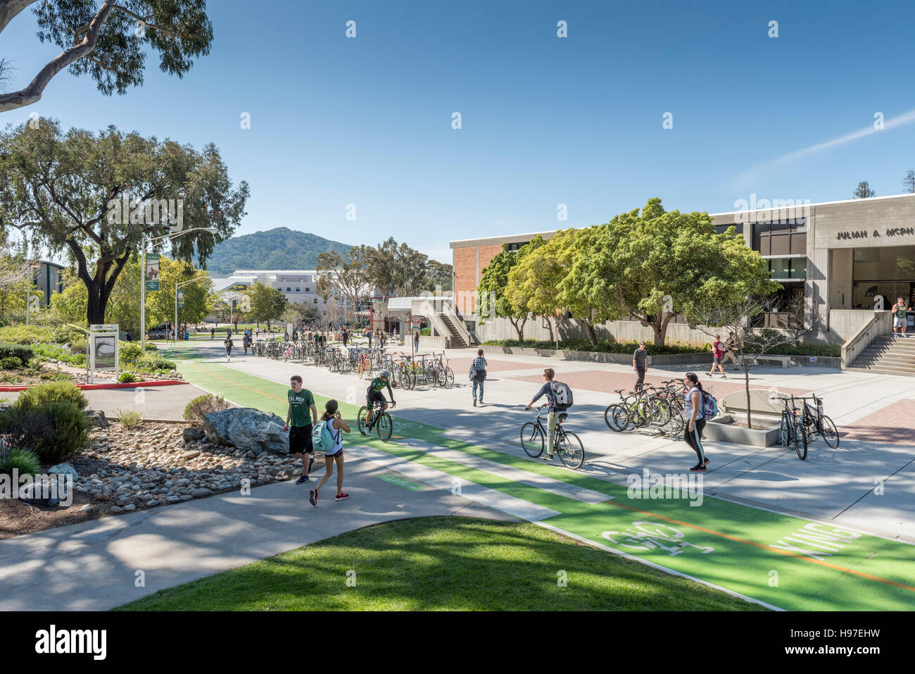 Campus, student union building and students at California Polytechnic State University, (Cal Poly) at San Luis Obispo, CA, USA. Stock Photo