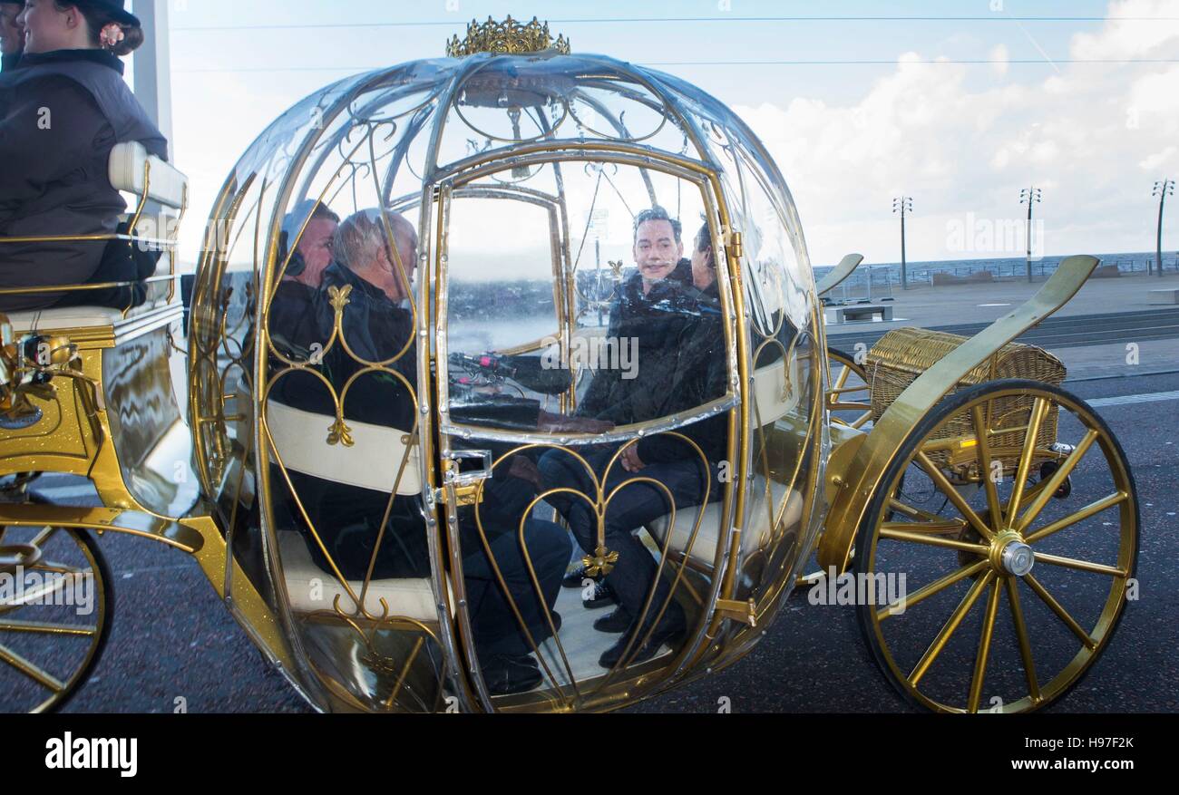 Strictly Come Dancing judges Len Goodman (left), Darcey Bussell (obscured), Craig Revel Horwood (second right) and Bruno Tonioli (right) arrive in a glass carriage at the Tower Ballroom, Blackpool, ahead of this weekend's show. Stock Photo