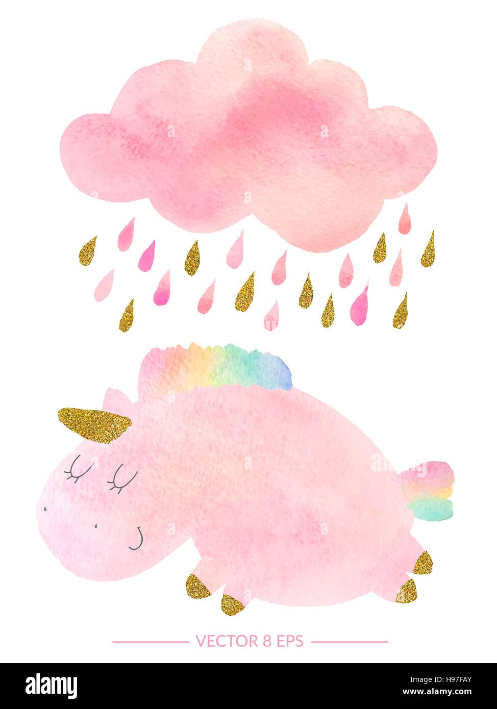Vector. Cute pink watercolor unicorn and cloud with rain. Set of watercolor objects isolated on white background for your design: textile, fabric Stock Vector