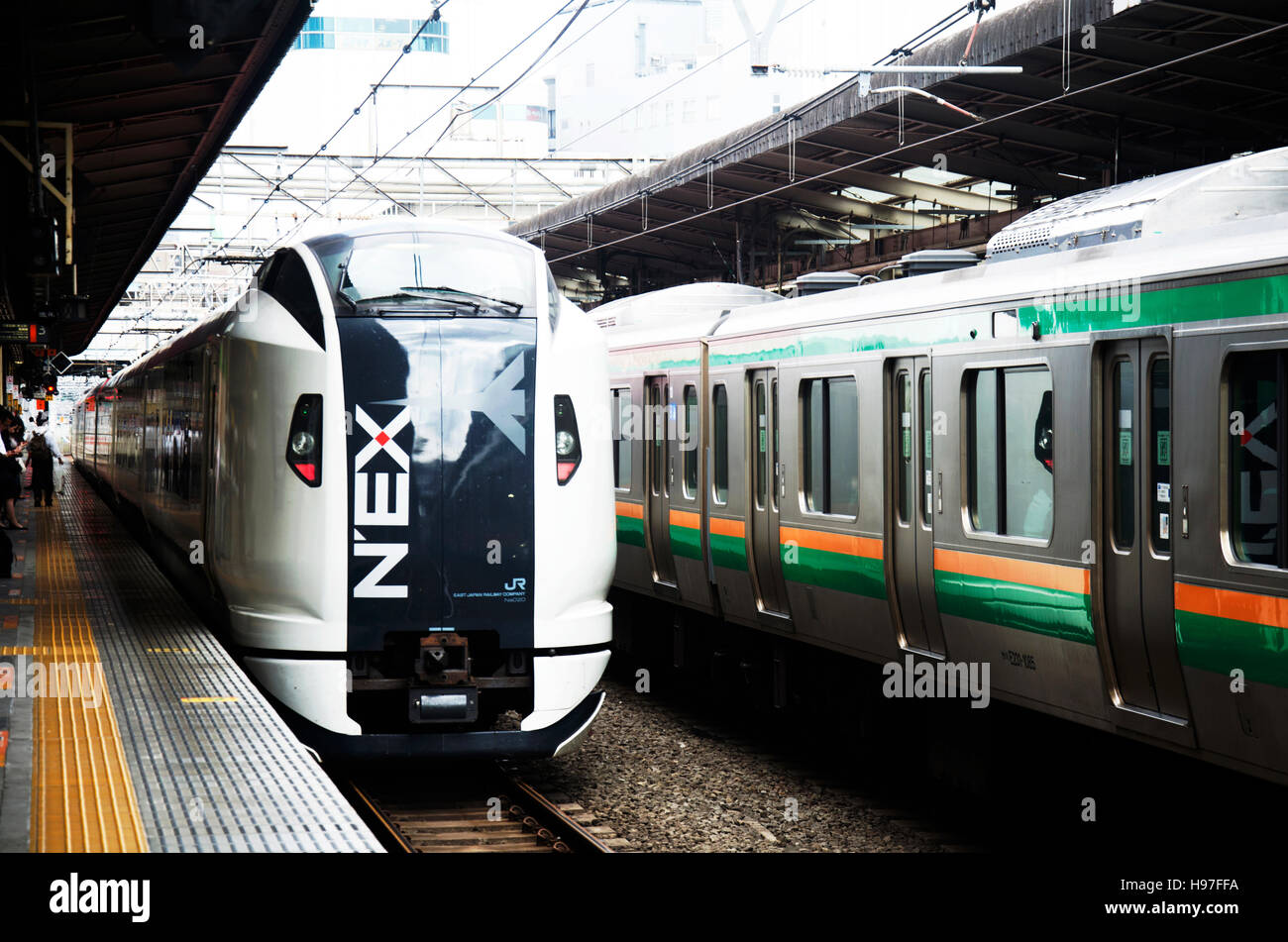 NEX train and railway stop sending and receive passengers people at Ikebukuro station in Shinjuku city of Kanto region on October 19, 2016 in Tokyo, J Stock Photo