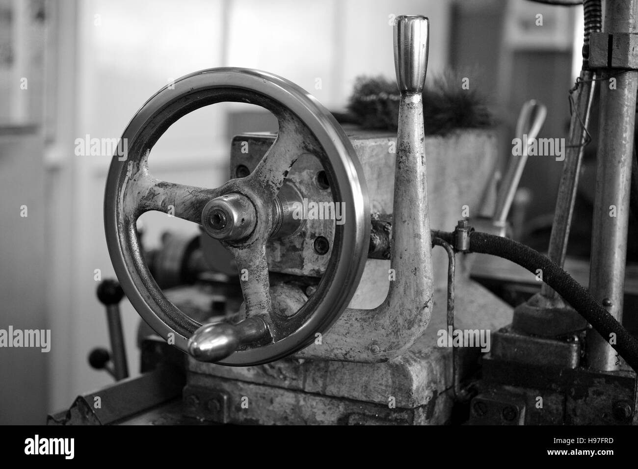 Wheel of lathe. Black and white image Stock Photo
