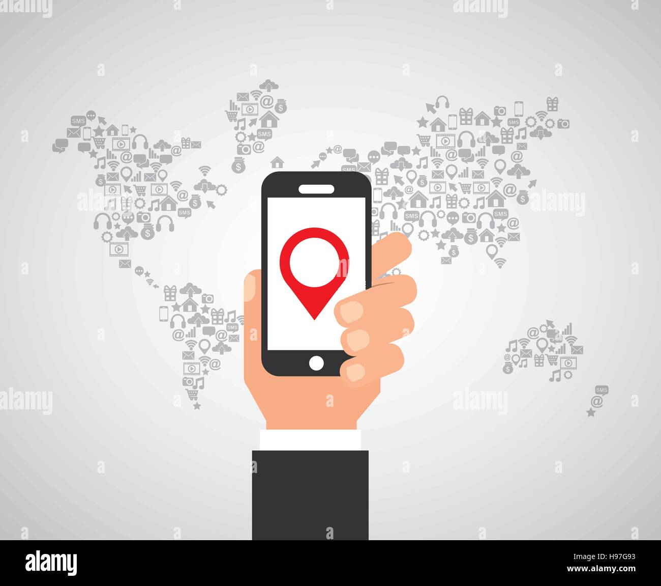 human hand holding a smartphone device over world map icon over white ...