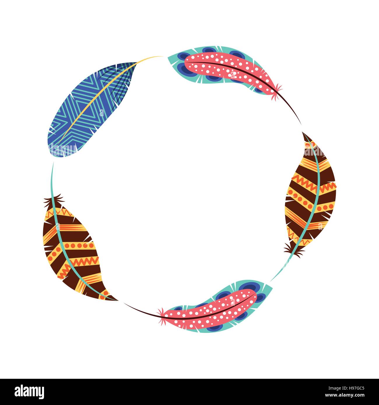 colorful frame with feathers over white background. boho style. vector ...