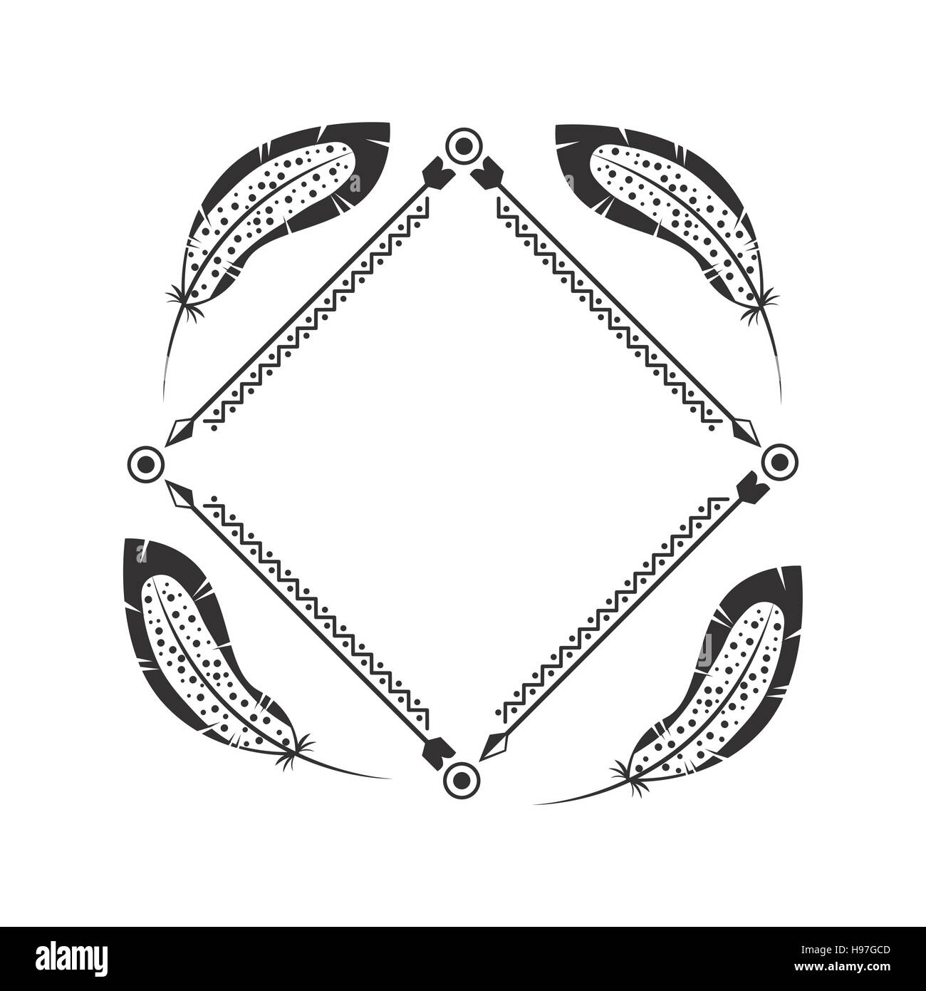 decorative frame with feathers and arrows over white background. boho ...