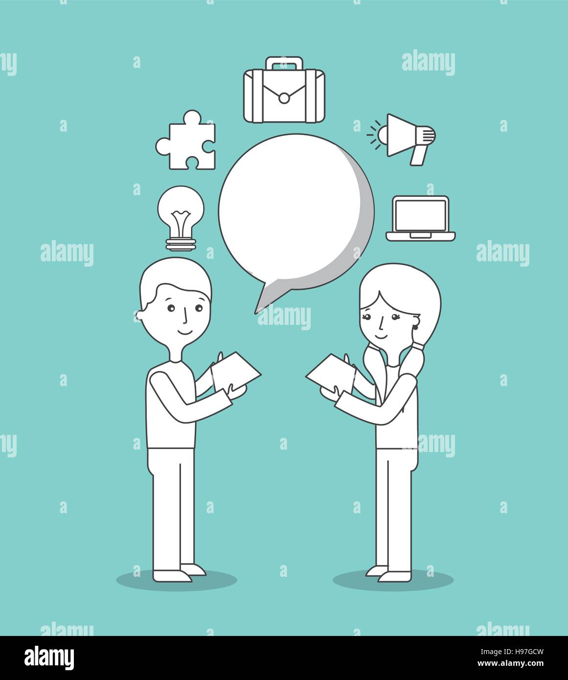 cartoon people with communication bubbles and social media icons over ...