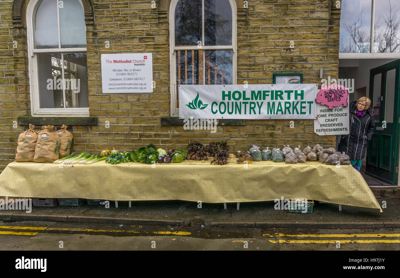 Holmfirth country market stall display fruit and vegetables. Stock Photo