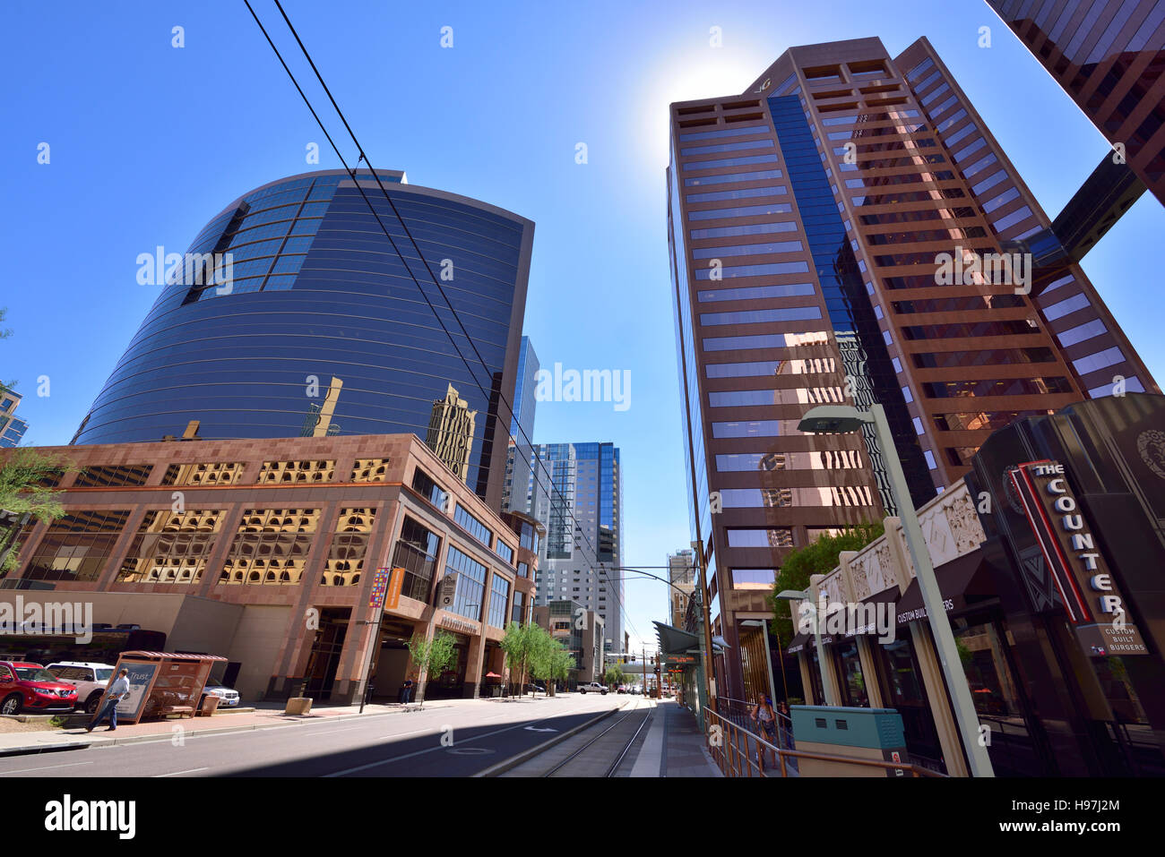 Downtown Phoenix Arizona With Renaissance Phoenix Downtown Hotel Phelps Dodge Tower And Other Buildings Tracks Of Light Rail Metro Tram Stock Photo Alamy