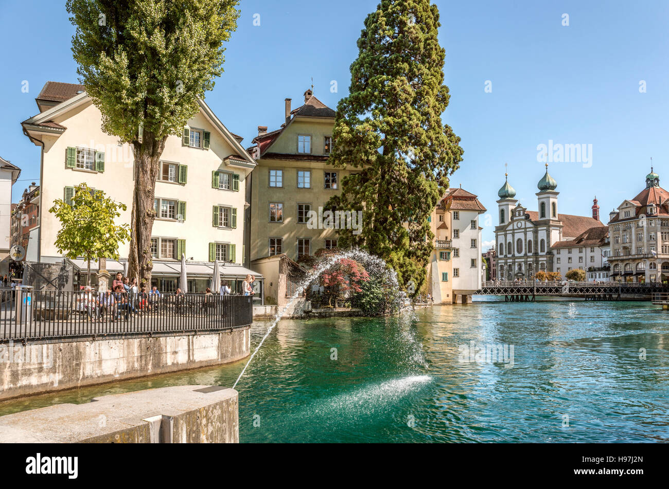 Fountain at Needle dam at the Reuss River, Lucerne, Switzerland Stock Photo