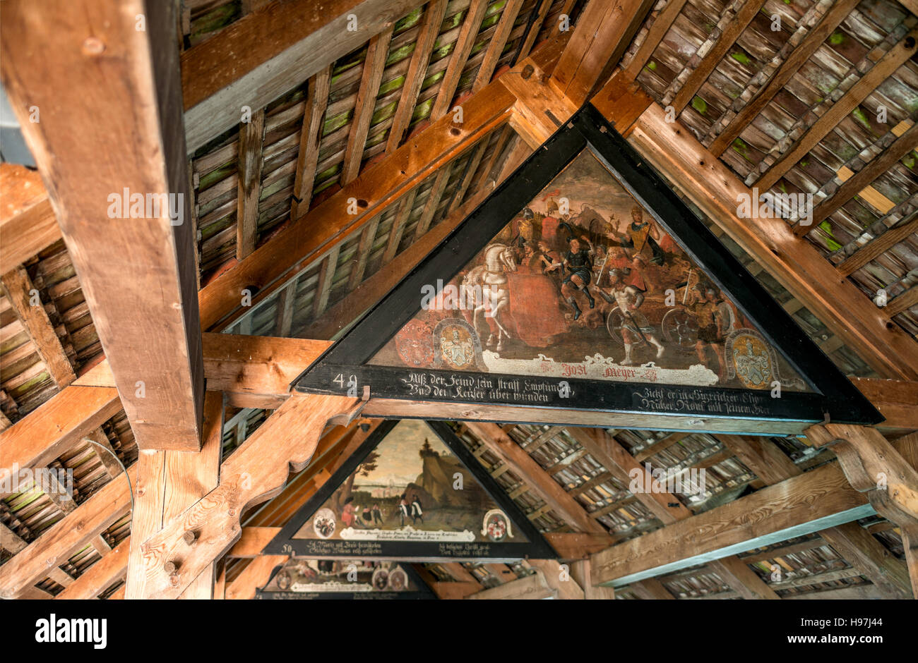 Historical Paintings underneath the roof of the Kapellbruecke, Lucerne, Switzerland Stock Photo
