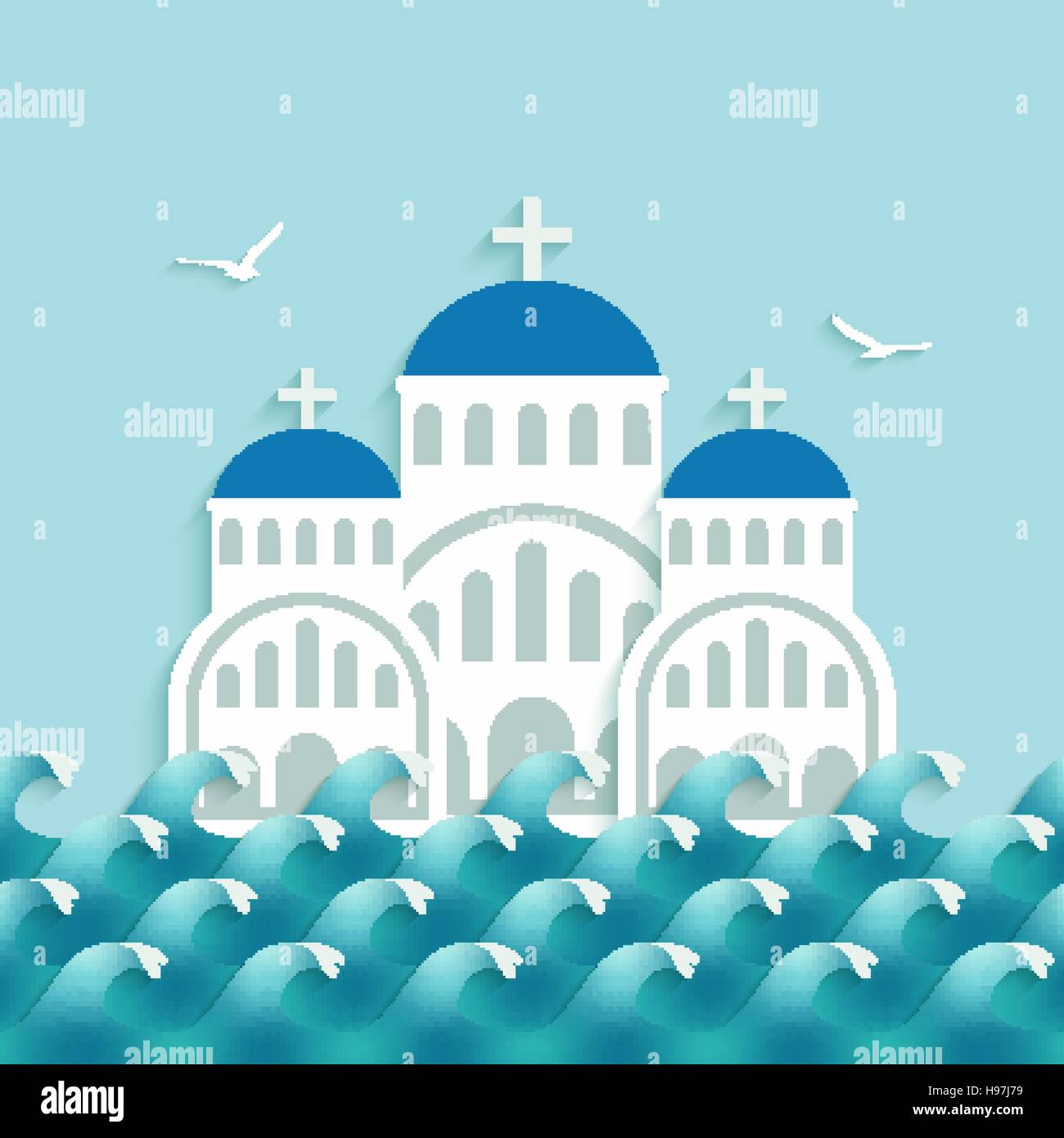 White Greek Church near blue sea. vector illustration - eps 10 Stock Vector