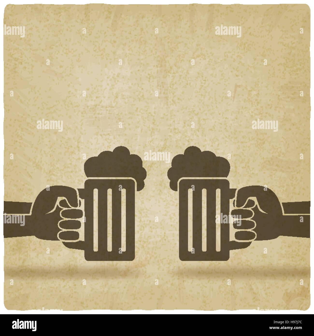 hands with beer mugs old background - vector illustration. eps 10 Stock Vector