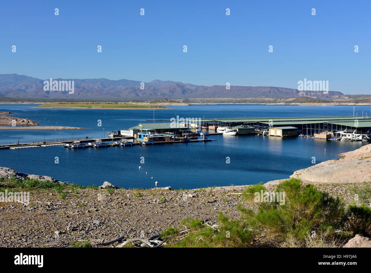 Scorpion Bay Marina, Pleasant Lake, Sonoran Desert, Arizona, USA. The lake provides drinking water to Phoenix along with recreational facilities. Stock Photo