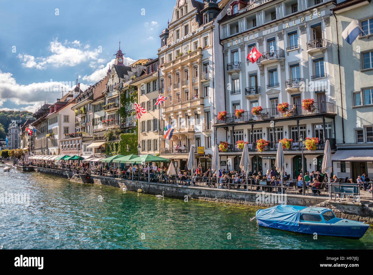 Lucerne Old Town riverside restaurants and pubs, Switzerland Stock