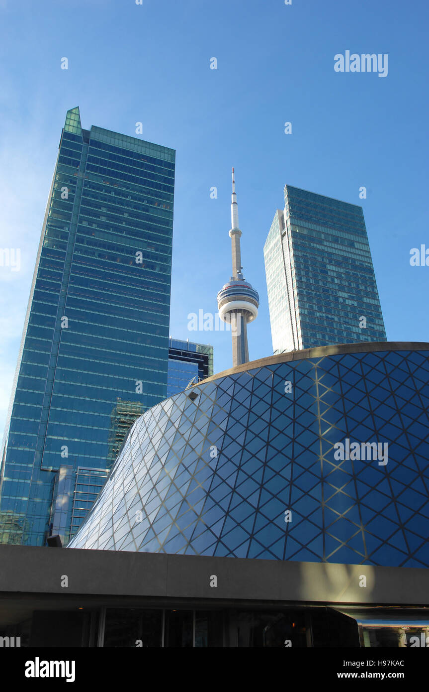 Downtown Toronto with the Roy Thomson hall, the CN tower and two tall high rise buildings. Stock Photo